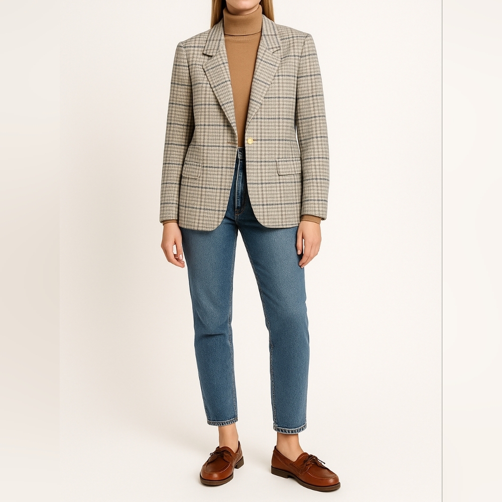 VINTAGE RUSS Wool Blend Plaid Blazer | 14 | Cream Blue | 80s Preppy Tailored